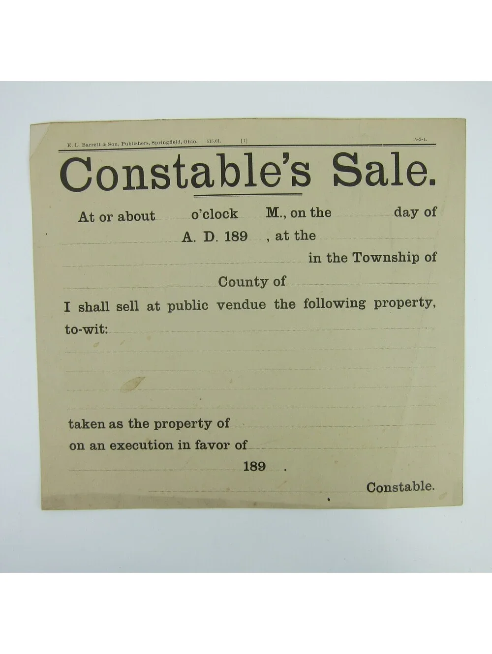 Antique 1890s Constable's Sale Record Form Blank E.L. Barrett & Son Ohio RARE